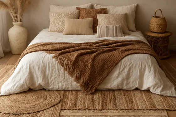 Layer Textures with Woven Rugs and Throw Pillows for Extra Comfort illustration