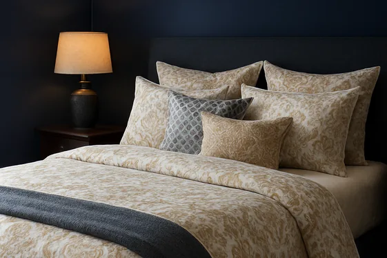 Use Patterned Bedding to Soften Dark Blue Walls illustration