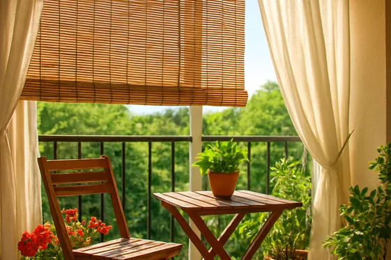 Roll-Up Bamboo Blinds with Integrated Curtains illustration