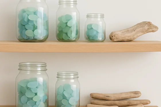 Open Shelving with Sea Glass Decor Display illustration