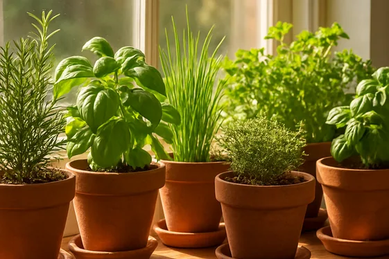 Fresh Herbs in Terra Cotta Pots by the Window illustration