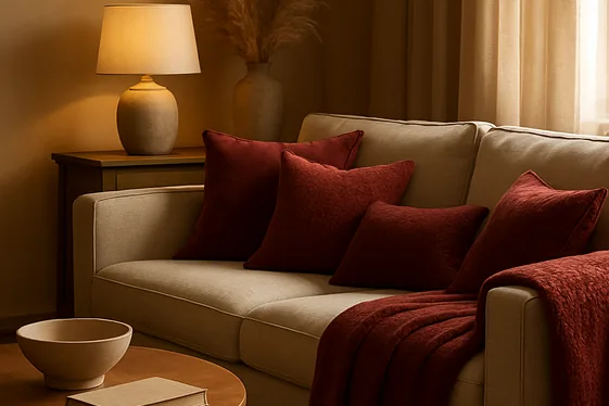 Transform Your Living Room with Burgundy Throw Pillows and Blankets illustration