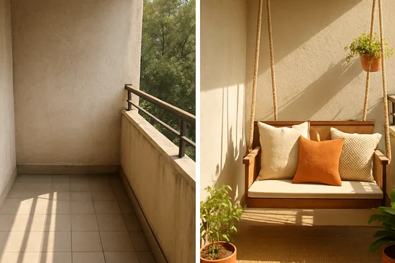 Before and After: Balcony Makeover Featuring a Jhula illustration