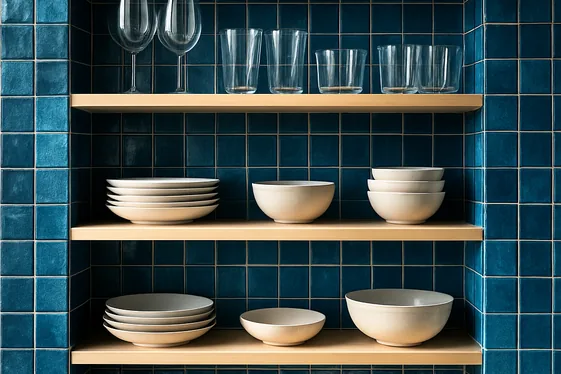 Incorporating Blue Mosaic Tiles Around Open Shelving illustration