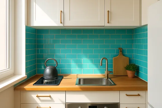 Turquoise Glass Tiles to Brighten Small Kitchens illustration