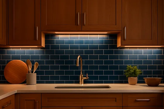 Mixing Blue Tiles with Warm Wood Cabinets for Balance illustration