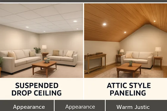 Suspended Drop Ceiling vs. Attic Style Ceiling Paneling illustration