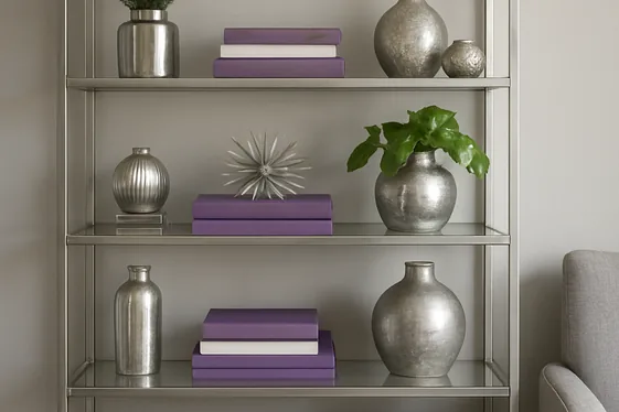 Step-by-Step: Styling a Purple and Silver Bookshelf illustration